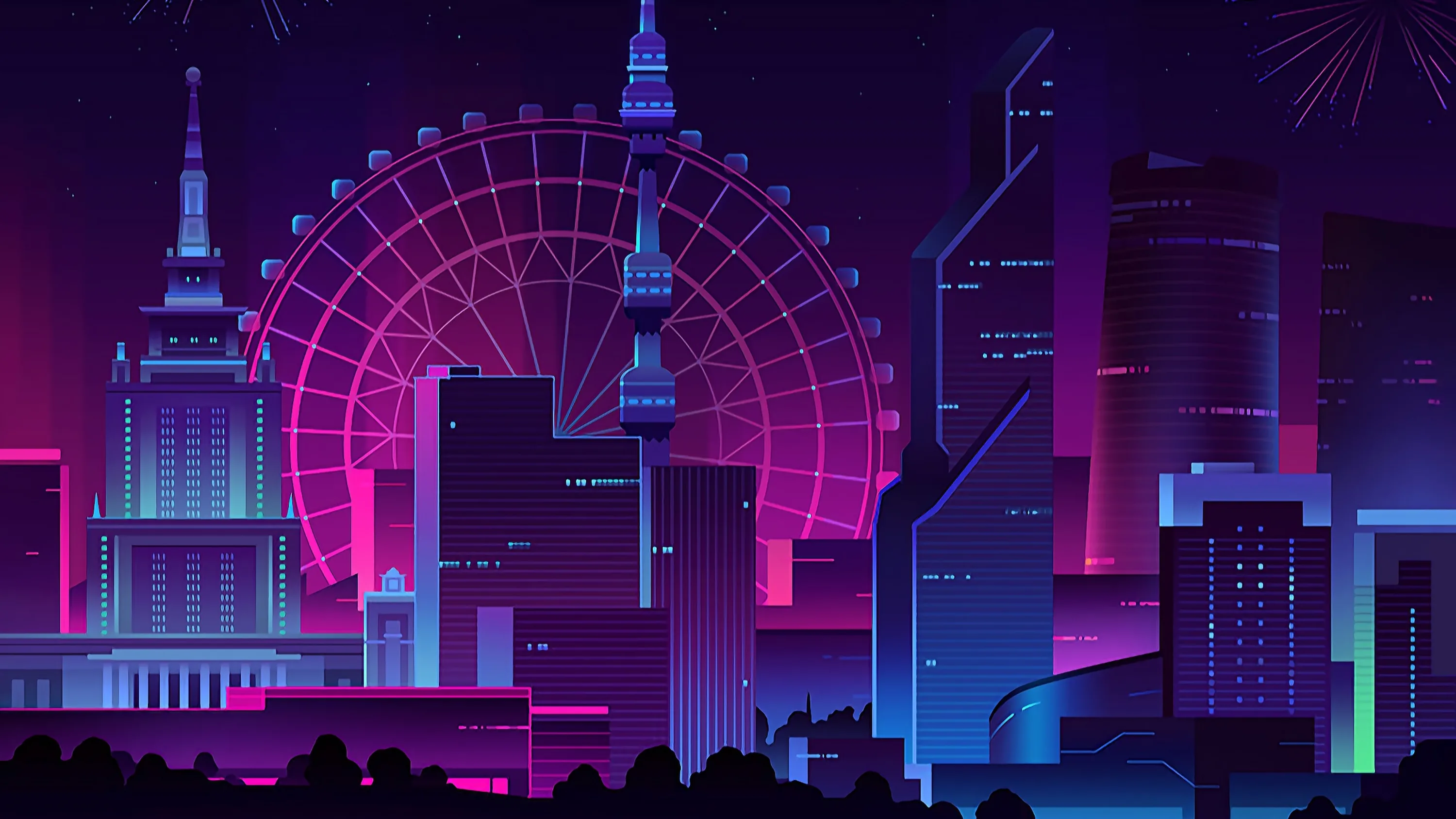 A flat-illustration skyline in purple and pink, a lit Ferris wheel behind the towers and rooftops silhouetted along the bottom.