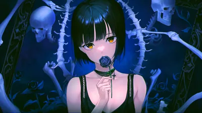 Blue-Toned Girl Surrounded by Skulls HD Wallpaper