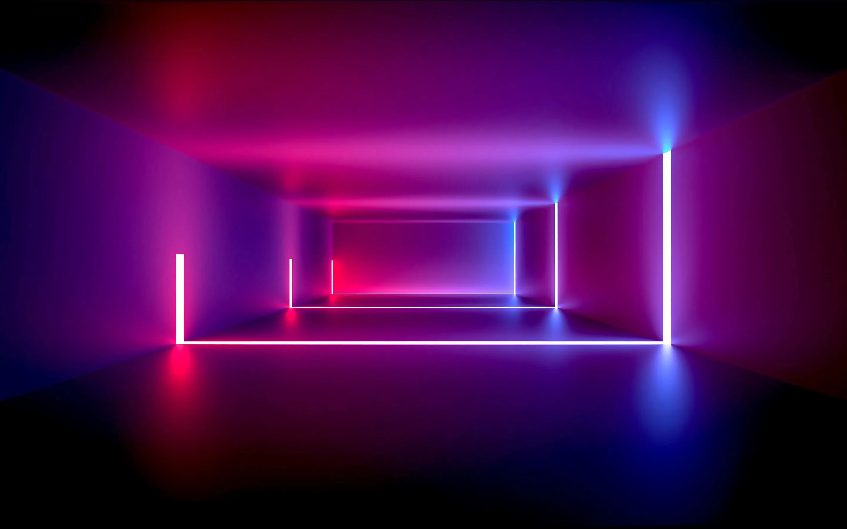Vertical red and blue tubes light a hazy empty render room, the glow fading toward a dark floor that keeps a desktop taskbar readable.
