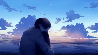 Anime Boy Under a Crescent Moon HD Wallpaper