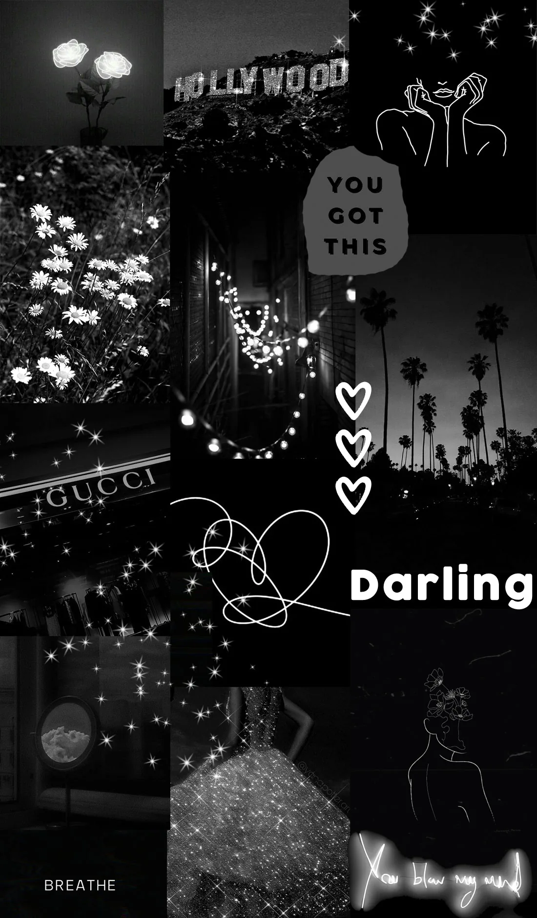 Night shots and neon signs stack down a dark frame, palm trees, the Hollywood sign and glowing heart outlines between them.