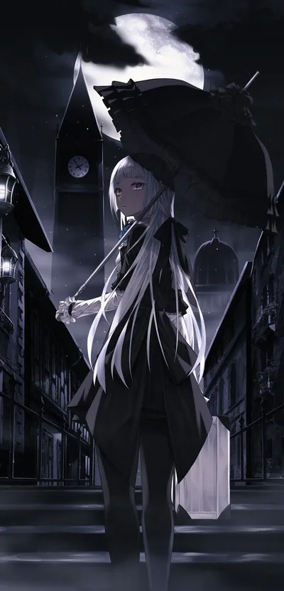 White-Haired Girl with a Parasol at Night HD Phone Wallpaper