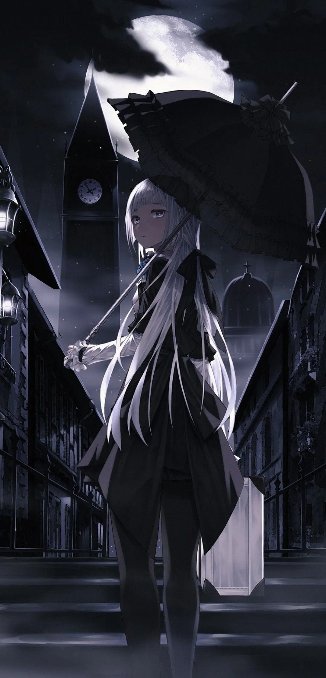 A white-haired girl carries a lace parasol down a moonlit street, clock tower behind her, the whole scene held in silvery blue-grey monochrome.