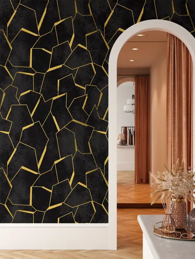 Minimalist Pattern Black and Gold Modern Wallpaper, Abstract Lines Geometric Simple Str