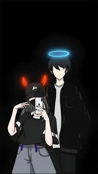 Anime Couple with Halo and Horns HD Phone Wallpaper