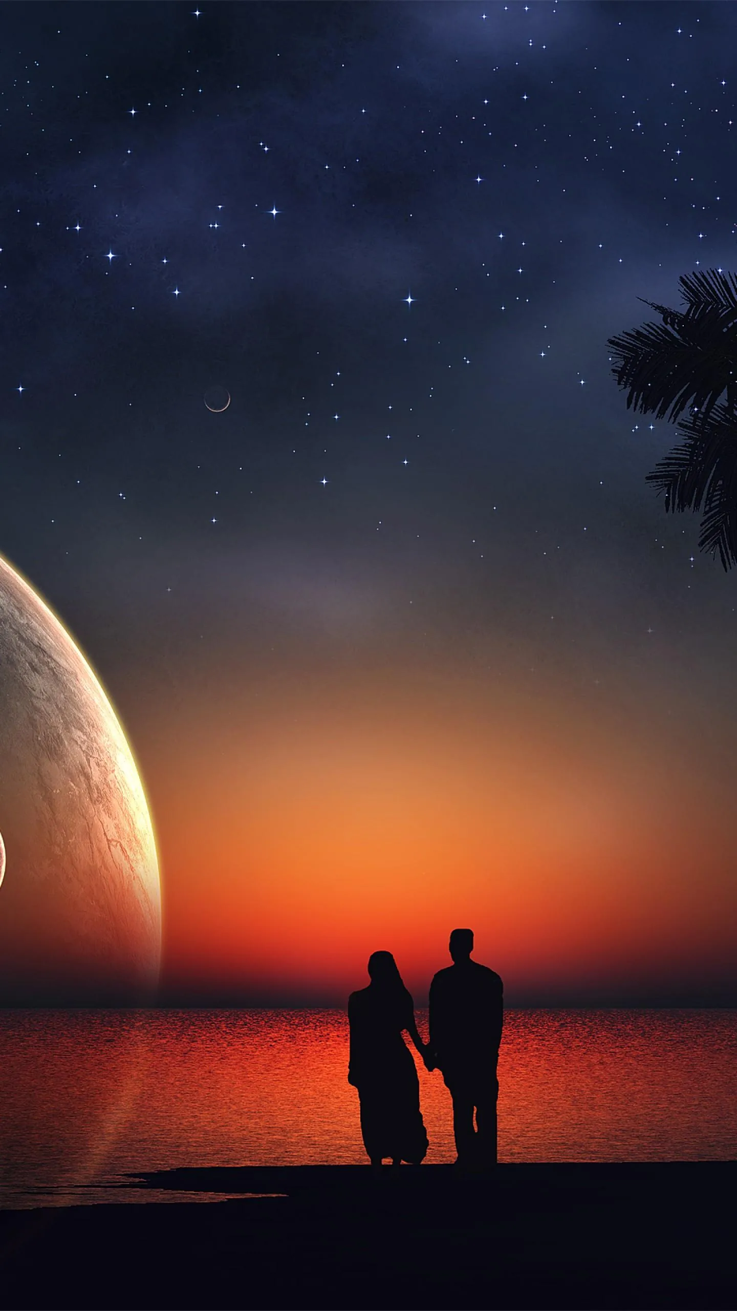 A giant planet hangs low on the left while sunset burns orange along the sea horizon; the small silhouettes stand at the bottom and stars keep the top near black.