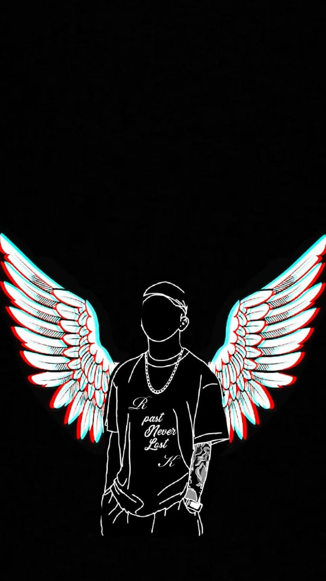A boy in a cap stands with his back to the camera, chalk-white wings drawn behind him and a red-blue glitch edge on the outline.
