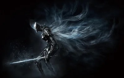 An armoured knight kneels with a straight sword held low, ash and smoke streaming off him to the right, the left third staying pure black.