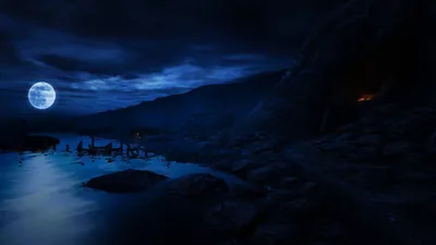Rocks Mountains Under Moon Black Clouds Blue Sky Reflection On Water Dark Background HD