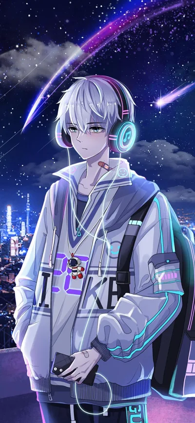 Anime Boy with Headphones Under Comets HD Phone Wallpaper