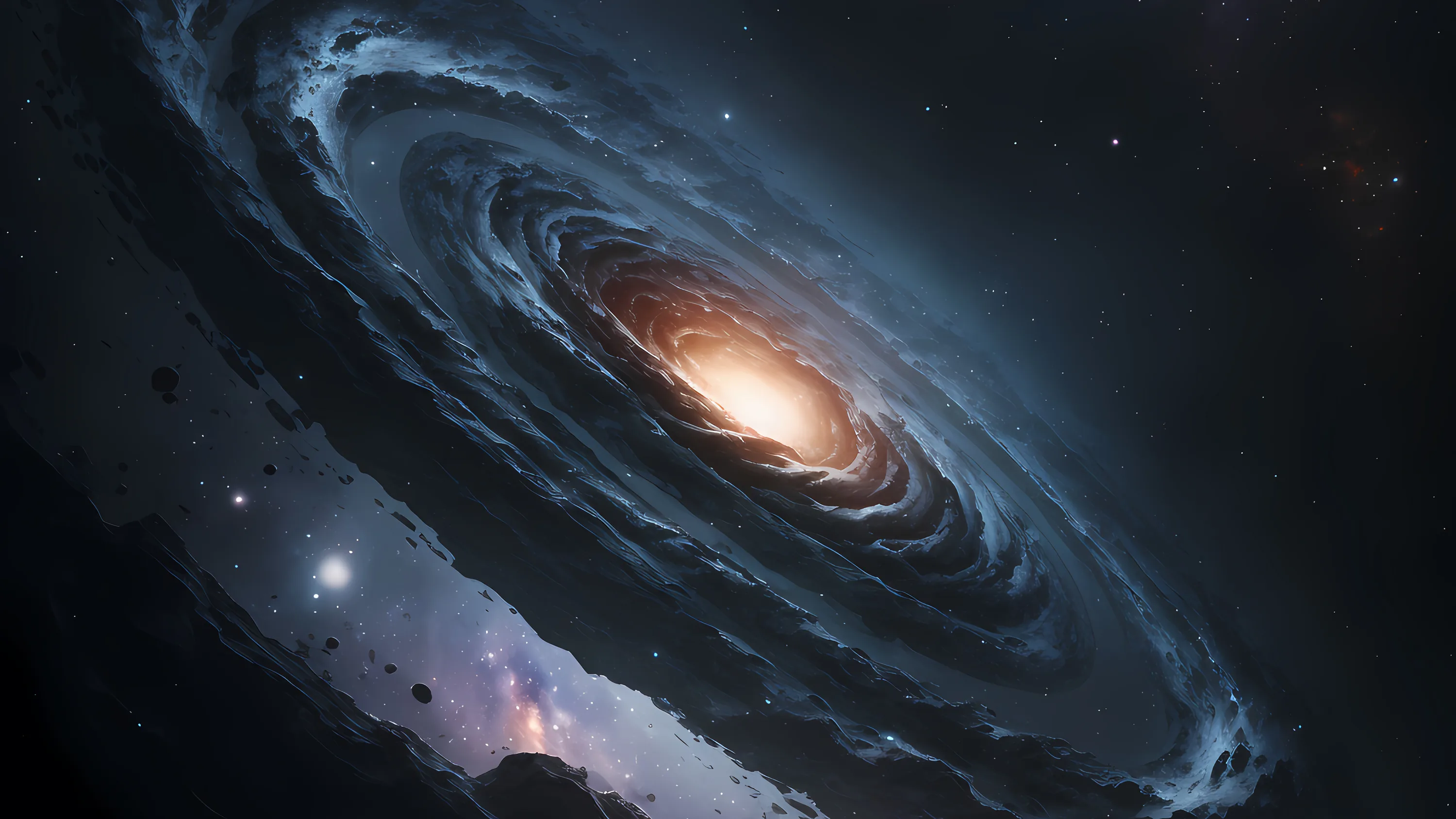 A dusty spiral turns against near-black space, thick smoky arms circling a small orange core just above centre; the bottom third stays dim for a dock.