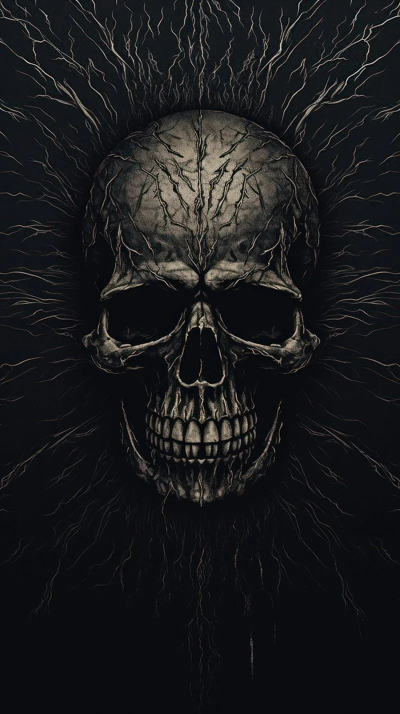 Fine cracks spread outward from a bone-coloured skull like roots, filling a tall phone frame that fades to black at the corners.