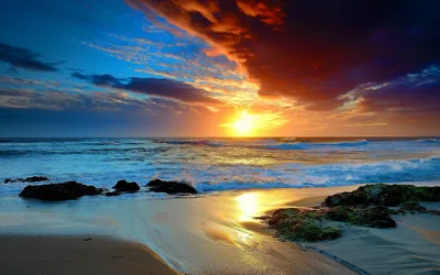 Fiery Sky Over a Wet Sand Beach HD Wallpaper