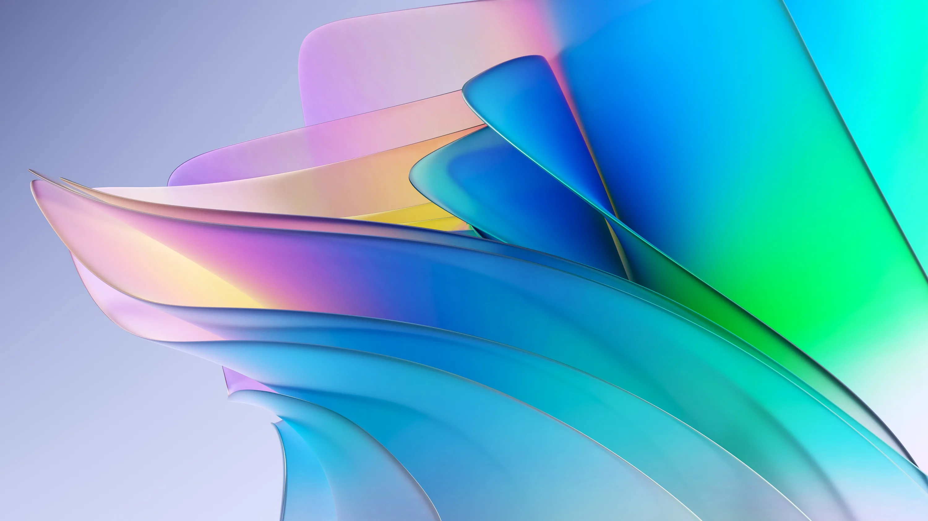 Stacked translucent blades in blue, green and pink fan toward a point at the left, the pale grey upper left staying clear for menu bars.