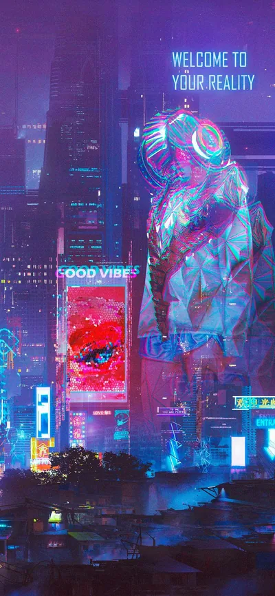 Masked Giant Over a Neon City HD Phone Wallpaper