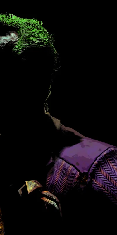 Most of this portrait is pure black, with green hair and a purple herringbone shoulder surfacing along the right side — true dark for battery saving.