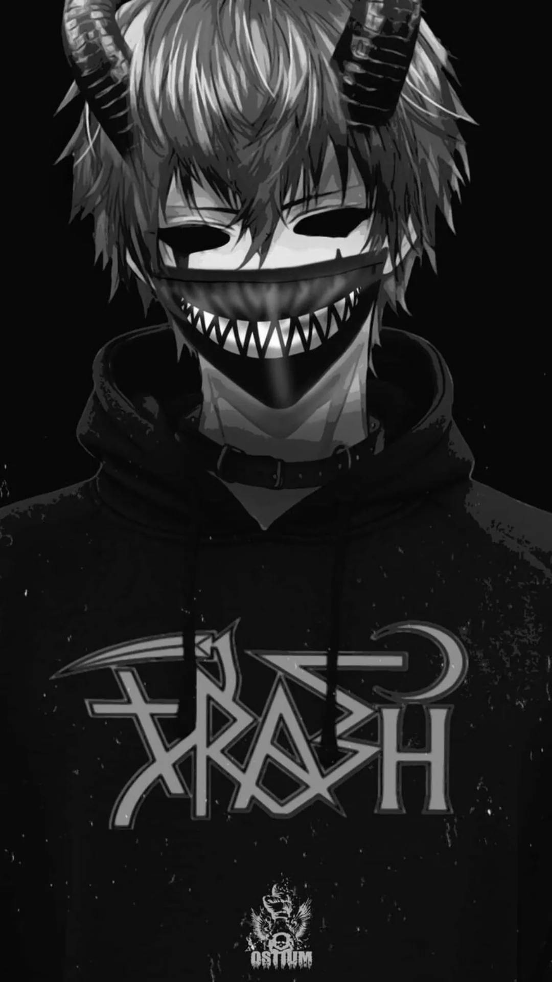 A horned boy stares out over a jagged grin mask, TRASH scrawled across his black hoodie; the monochrome backdrop drops to full black in every corner.