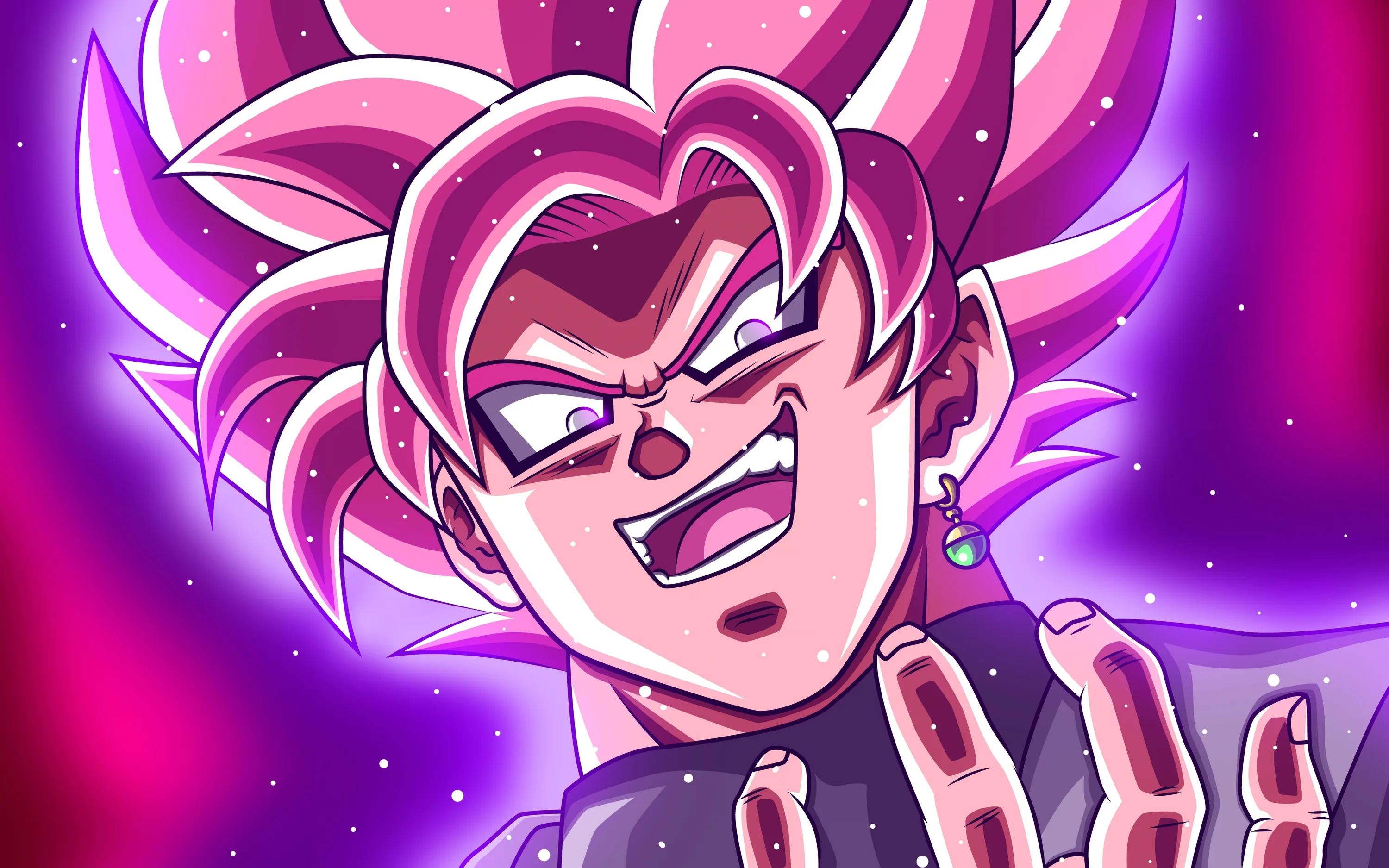 Drawn in thick comic outlines, the rose-haired face yells past the viewer with knuckles pushed into the bottom right, purple starfield filling what little space remains.