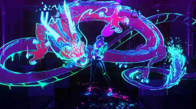 Neon Dragon Coiling Around a Figure HD Wallpaper