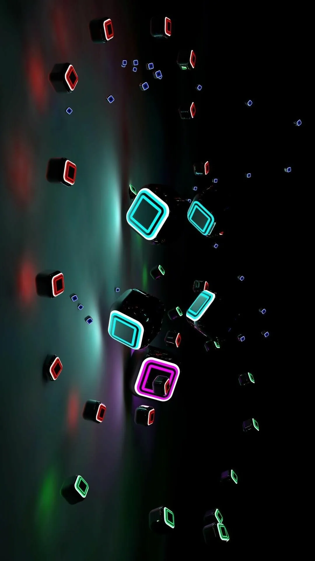 Outlined cubes in cyan, magenta and green drift at different depths, the sharpest ones near the middle of a tall black frame.