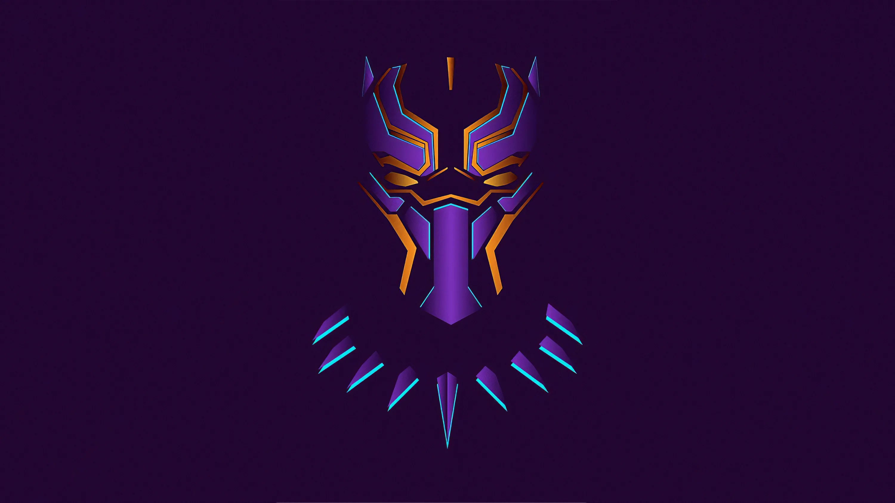 The panther mask emblem built from flat purple and gold facets, its necklace teeth glowing blue against a deep plum ground.