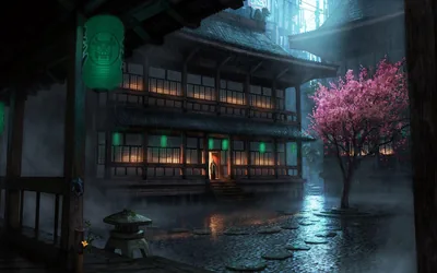 Rainy Japanese Courtyard at Night HD Wallpaper