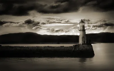Lighthouse on a Stone Pier in Sepia HD Wallpaper