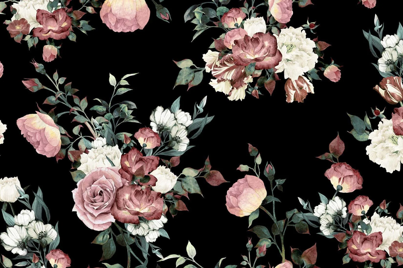 Dusty pink roses and small white blooms repeat over solid black with grey-green leaves, the colours faded like an old printed fabric.