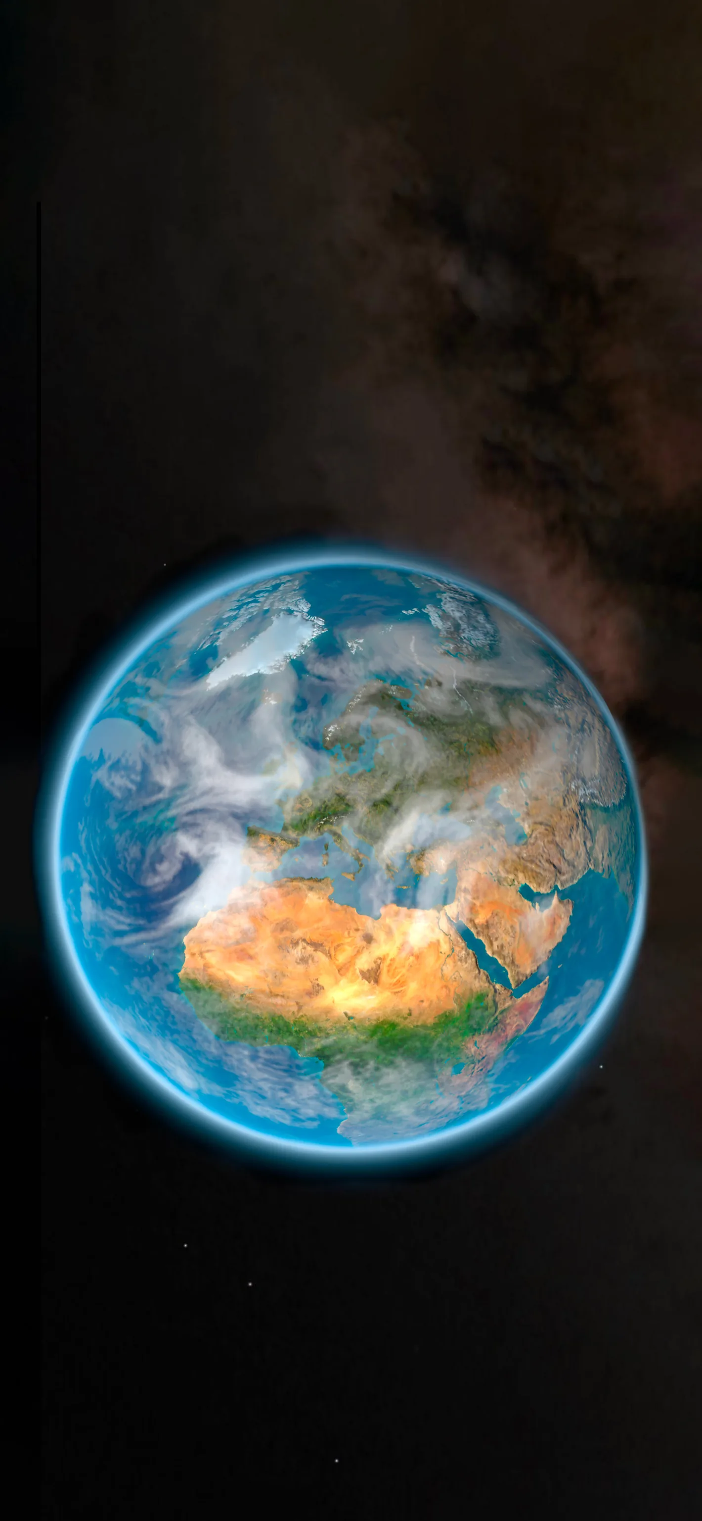 Earth hangs in the lower half with the Sahara glowing orange, smoky brown nebula filling the top of the screen where the clock sits.