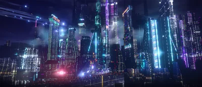 Futuristic Skyline in Colored Lights HD Wallpaper