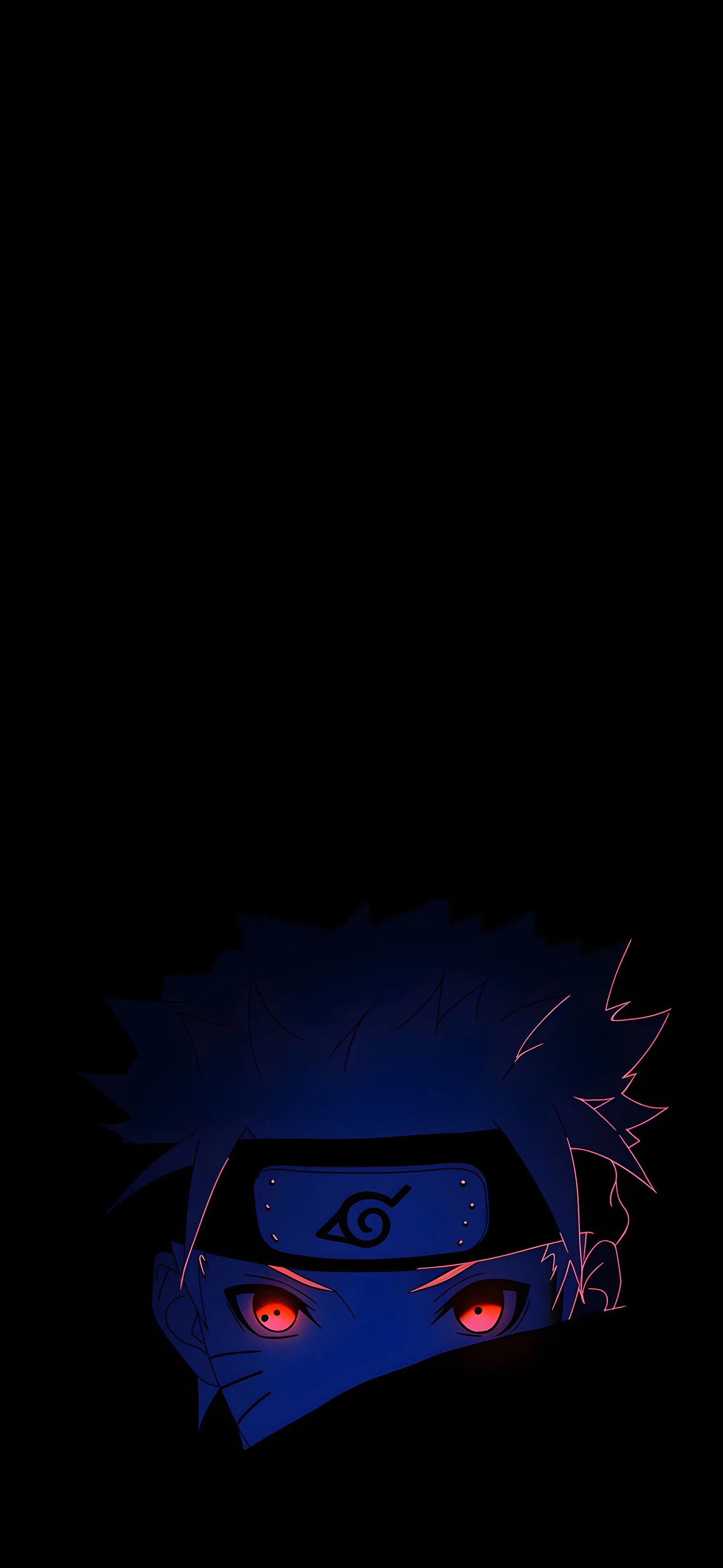 Almost the entire frame is black, a masked face with glowing red eyes and a blue lightning spark tucked into the lower left corner.