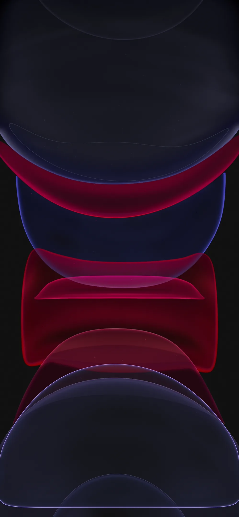 Rounded ring shapes stack down the frame in crimson and deep violet, brightest through the middle and fading to black top and bottom.