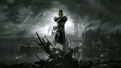 Masked Assassin Over a Grim Harbour City HD Wallpaper