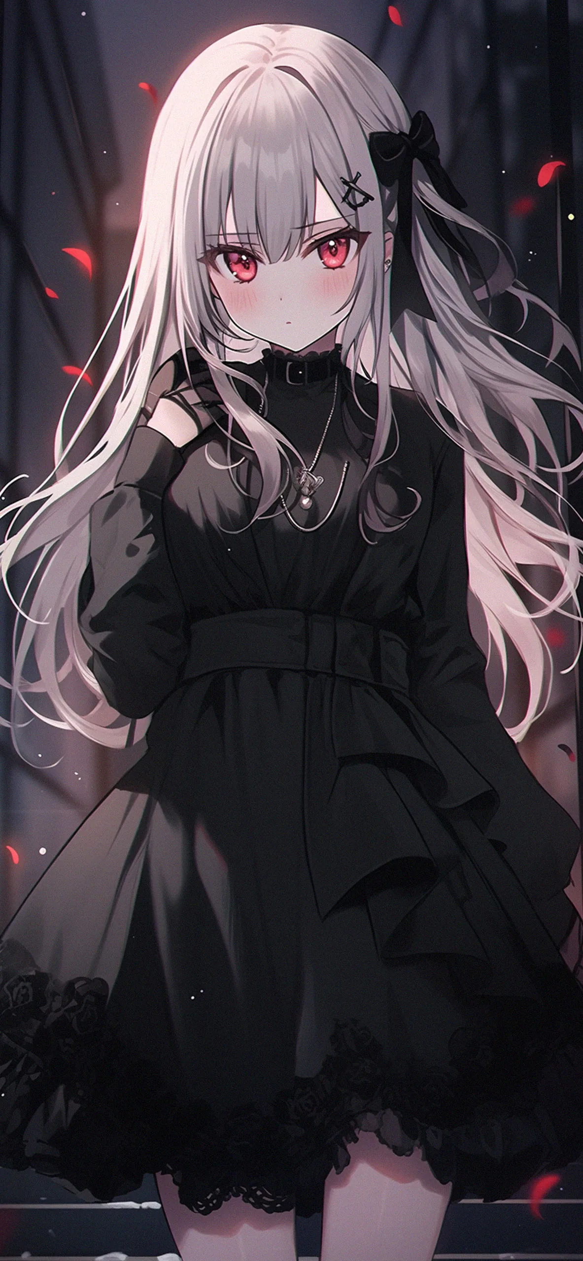 Silver white hair past the waist, red eyes, layered black gothic dress with lace hem, red petals drifting through the dark hall behind her.