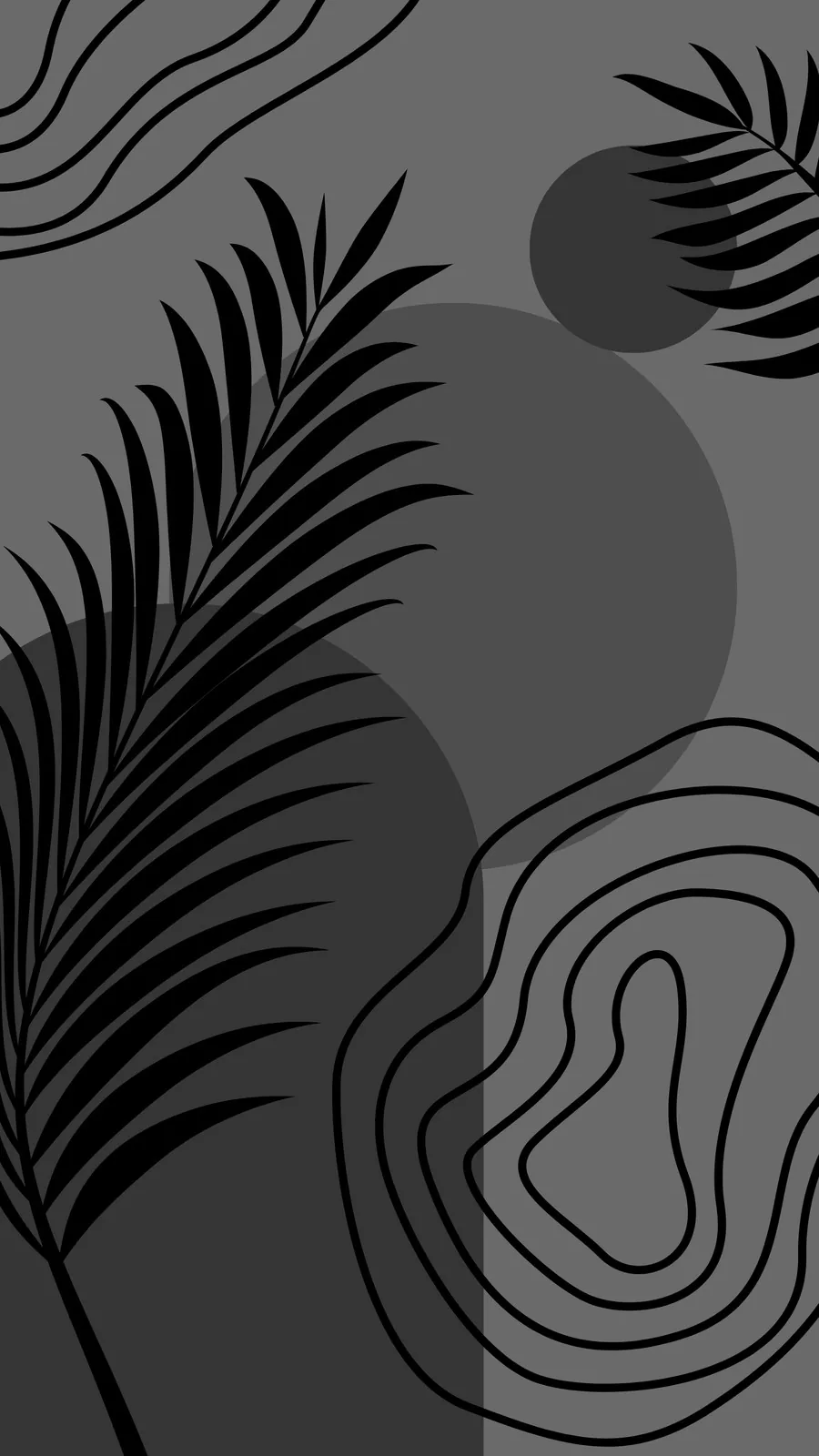 Palm fronds, a floating circle and looping contour lines sit on a mid-grey ground, all of it flat and shadowless.