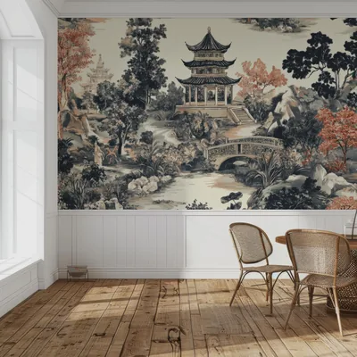 Chinoiserie Landscape Wallpaper, Oriental Pagoda Wall Mural, Removable