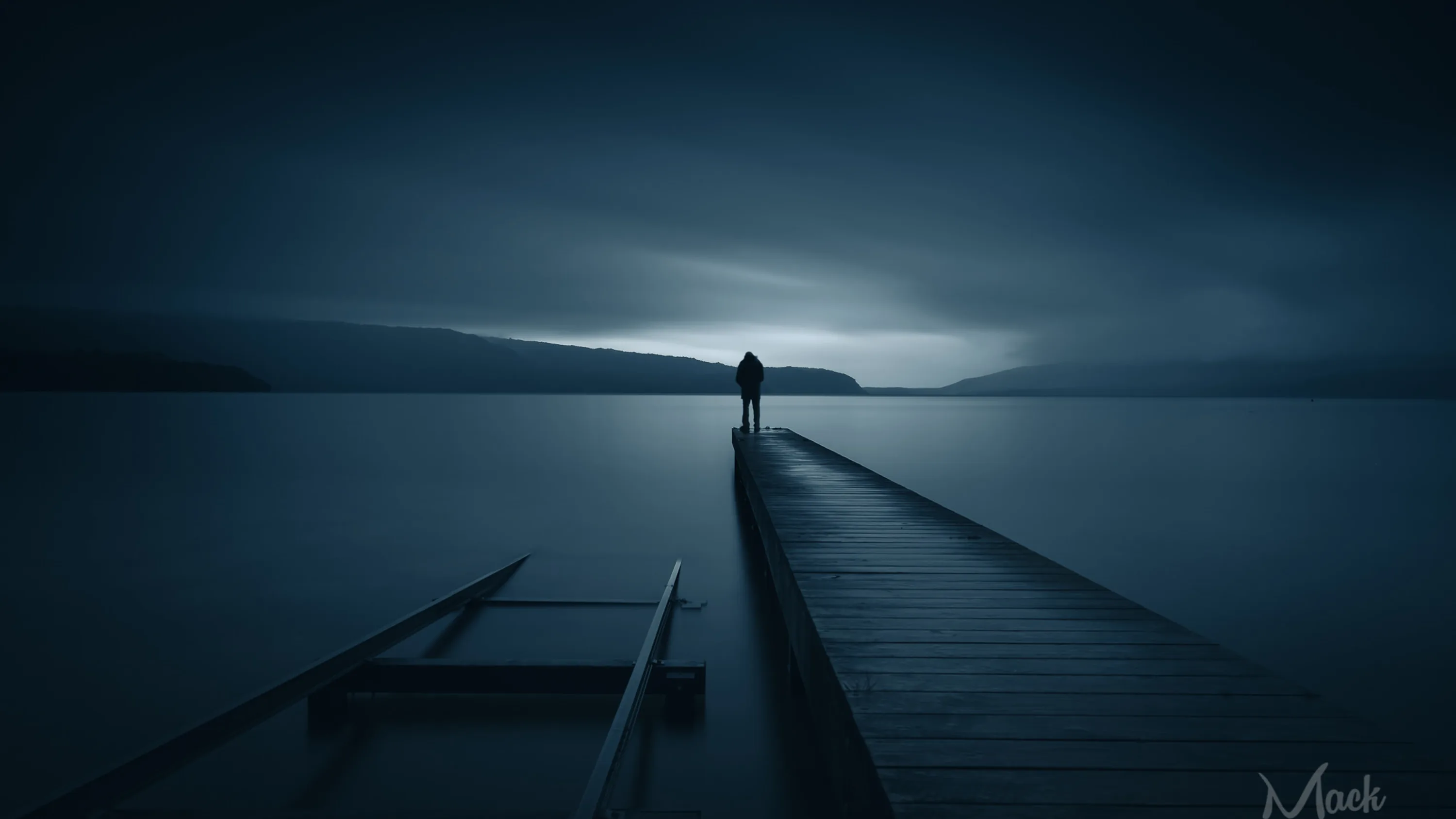 Cold blue-grey tones wash over a wooden pier reaching toward a figure at its far end, a fallen ladder rail angling through the lower left water.