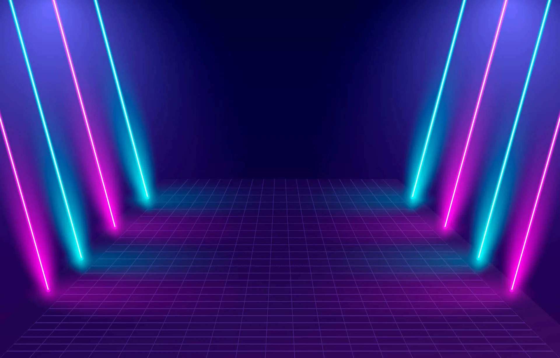 Vertical light bars lean in from both walls of an empty room, their glow spilling onto a tiled floor that fades to dark violet at the back.