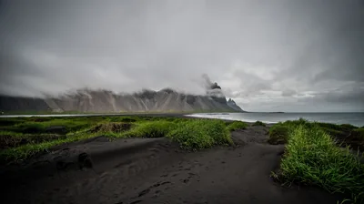 Fog Black Sand Grass Sea Coast Rocks Mountains Clouds 4K HD Nature Wallpapers