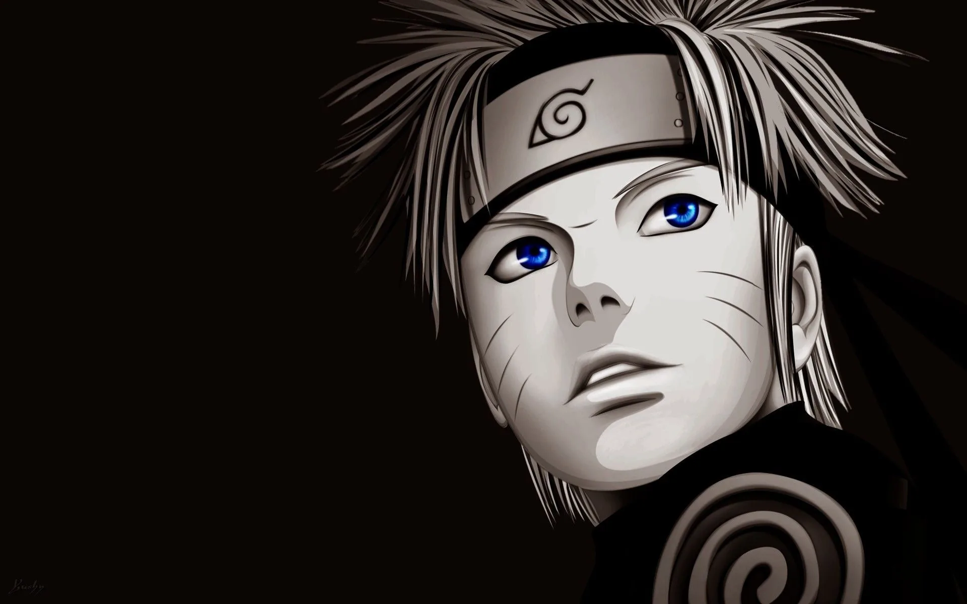 A greyscale portrait where the blue eyes are the only colour left, a faint spiral crest surfacing on the black at the bottom right.