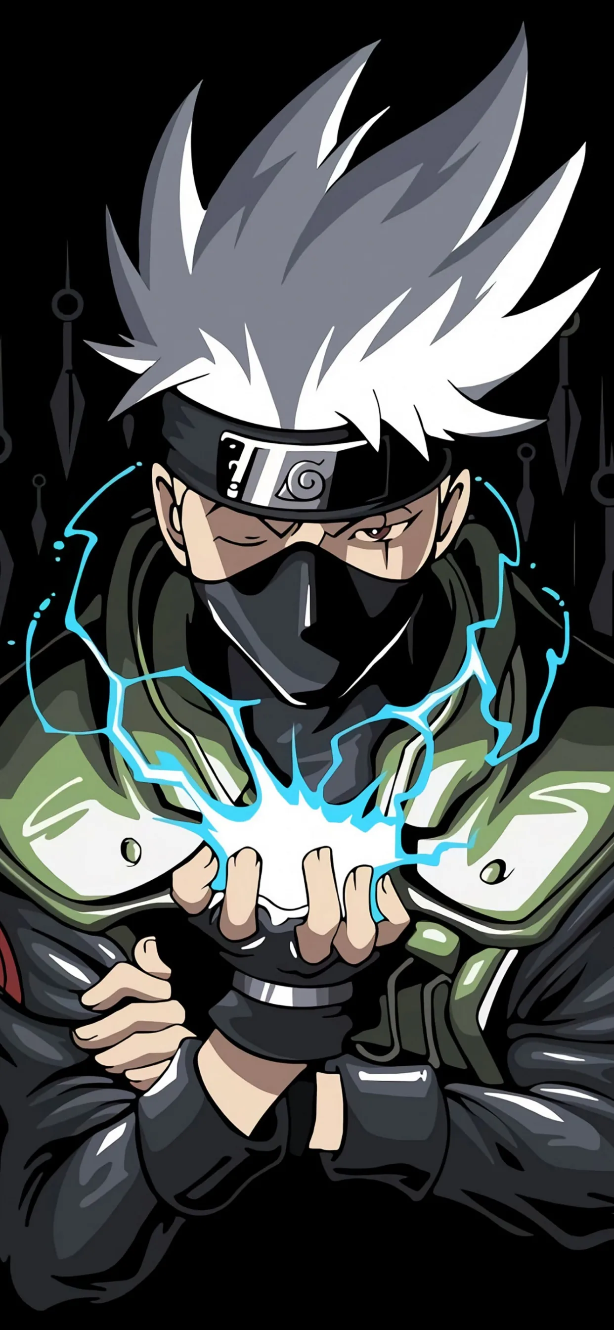 Kakashi cups blue lightning between his gloved hands on a tall black canvas, the current arcing up past his shoulder plates.