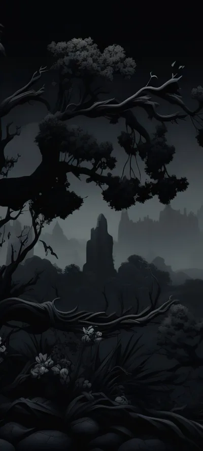 Gnarled Trees Framing a Foggy Castle HD Phone Wallpaper