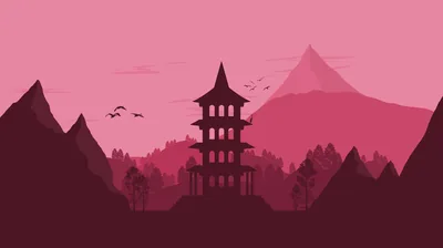Flat Pink Pagoda Landscape HD Wallpaper