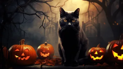Halloween Cat Among Carved Pumpkins HD Wallpaper