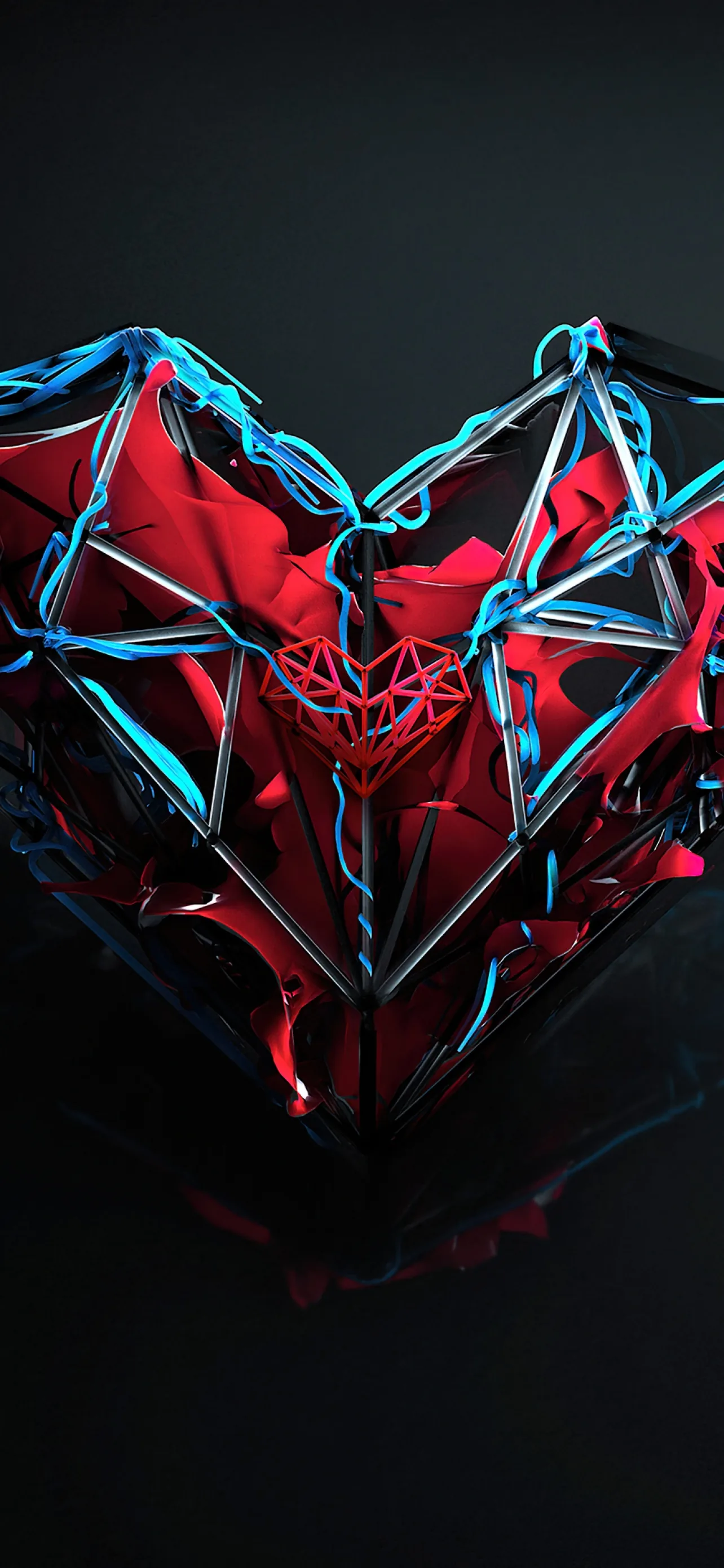 A faceted heart in deep red is wrapped in strips of blue and cyan light, floating above its own reflection on a dark glass floor.