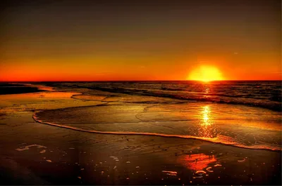 Deep Amber Dusk on a Wet Shore HD Wallpaper