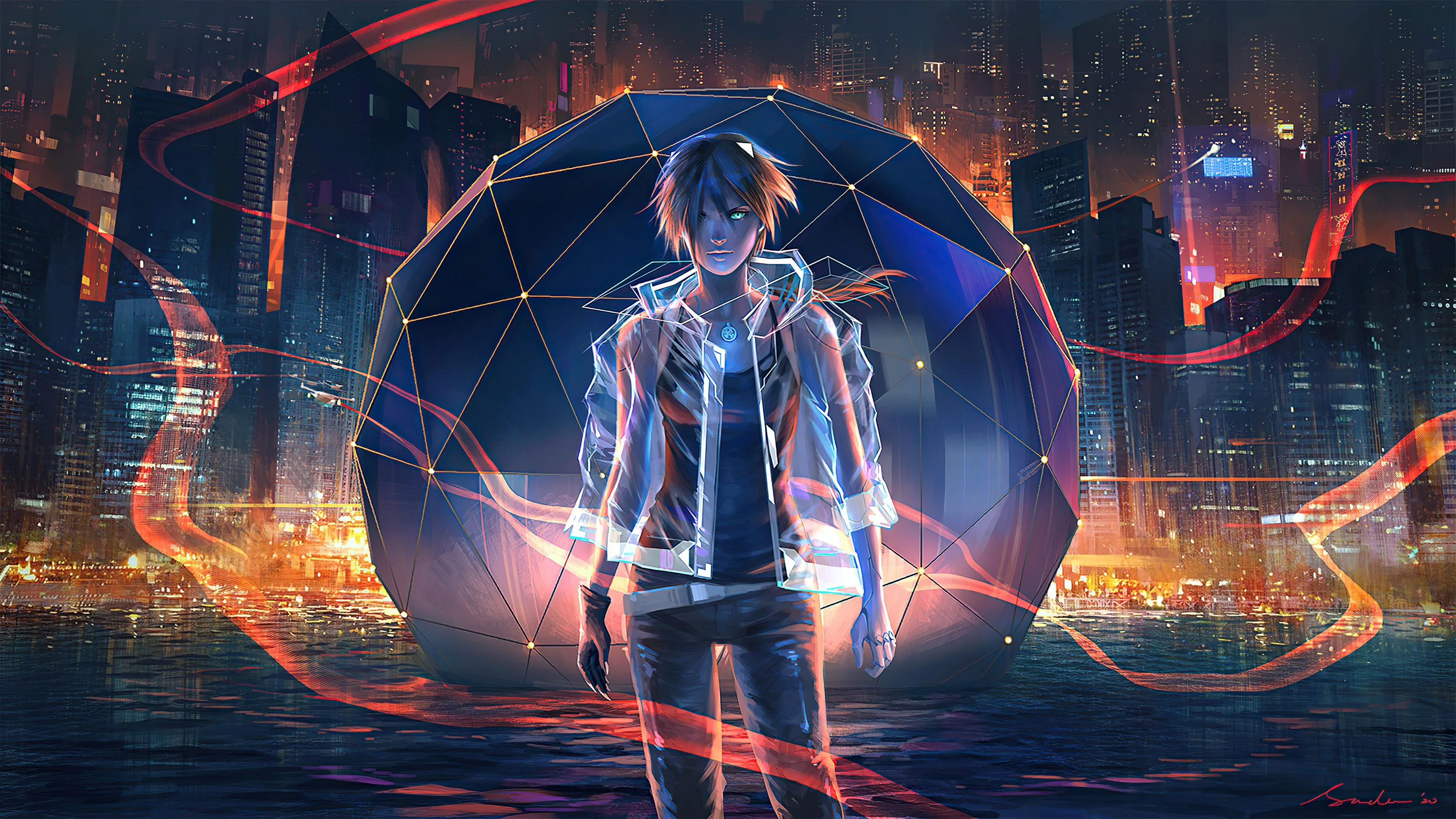A boy in a light-lined jacket stands before a huge faceted dark sphere, red light ribbons swirling over the glowing city towers behind him.