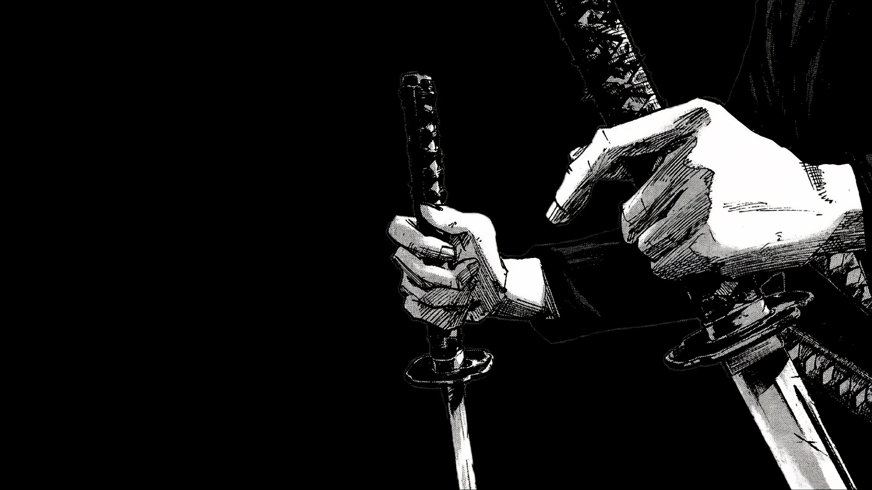 Two gloved hands grip a pair of long blades against solid black, the light picking out only the knuckles and the edge of each sword.