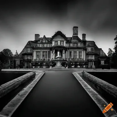 Black and white picture of a grand Victorian mansion on Craiyon