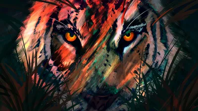 Painted Tiger Eyes in the Grass HD Wallpaper